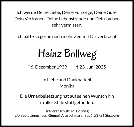 Anzeige von Heinz Bollweg von Kölner Stadt-Anzeiger / Kölnische Rundschau / Express