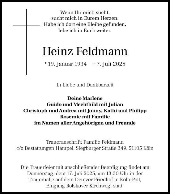 Anzeige von Heinz Feldmann von Kölner Stadt-Anzeiger / Kölnische Rundschau / Express