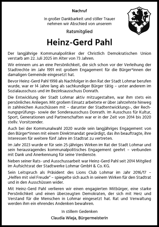 Anzeige von Heinz-Gerd Pahl von Kölner Stadt-Anzeiger / Kölnische Rundschau / Express