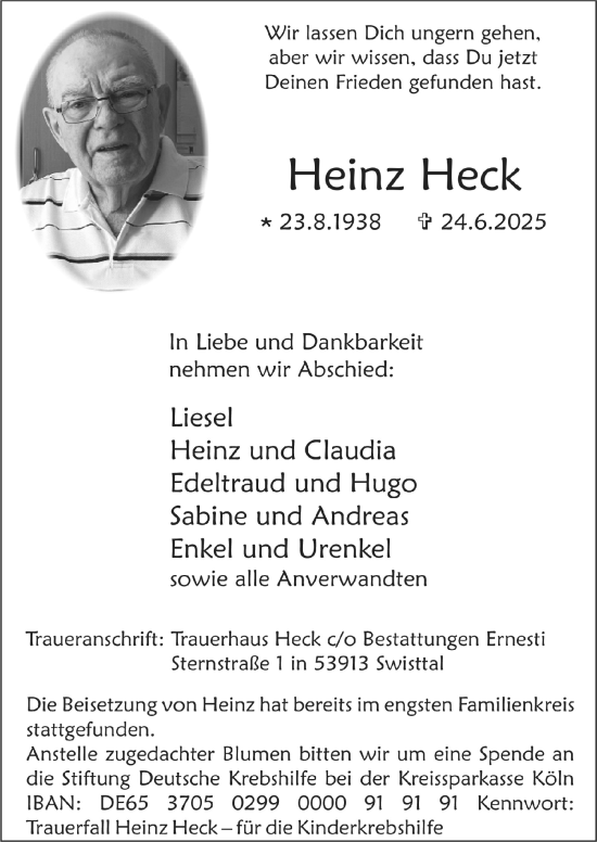 Anzeige von Heinz Heck von  Schaufenster/Blickpunkt 