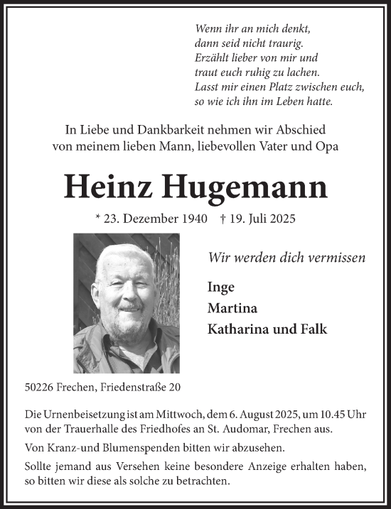 Anzeige von Heinz Hugemann von  Wochenende 