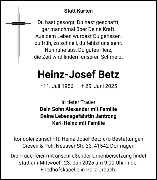 Anzeige von Heinz-Josef Betz von Kölner Stadt-Anzeiger / Kölnische Rundschau / Express