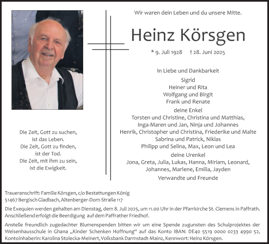 Anzeige von Heinz Körsgen von Kölner Stadt-Anzeiger / Kölnische Rundschau / Express