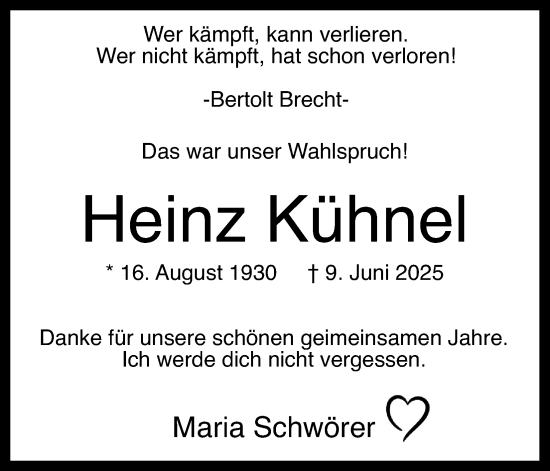 Anzeige von Heinz Kühnel von Kölner Stadt-Anzeiger / Kölnische Rundschau / Express