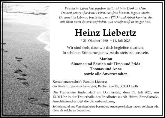 Anzeige von Heinz Liebertz von  Wochenende 