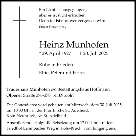 Anzeige von Heinz Munhofen von Kölner Stadt-Anzeiger / Kölnische Rundschau / Express