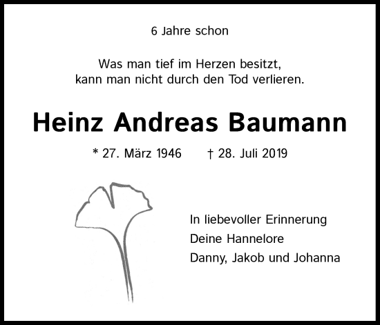 Anzeige von Heinz Andreas Baumann von Kölner Stadt-Anzeiger / Kölnische Rundschau / Express