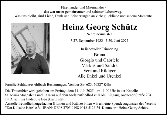 Anzeige von Heinz Georg Schütz von Kölner Stadt-Anzeiger / Kölnische Rundschau / Express