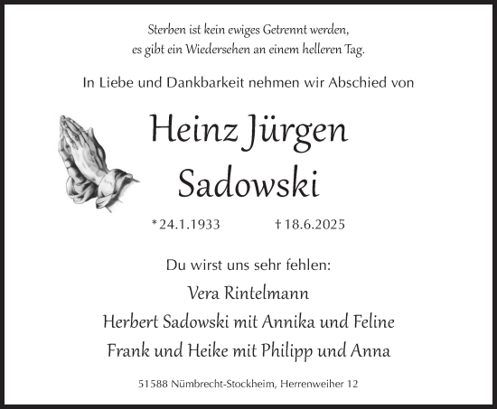 Anzeige von Heinz Jürgen Sadowski von  Lokalanzeiger 