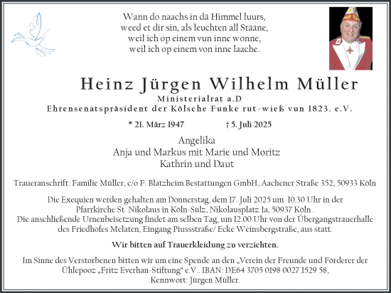 Anzeige von Heinz Jürgen Wilhelm Müller von Kölner Stadt-Anzeiger / Kölnische Rundschau / Express