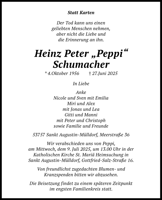 Anzeige von Heinz Peter Schumacher von Kölner Stadt-Anzeiger / Kölnische Rundschau / Express