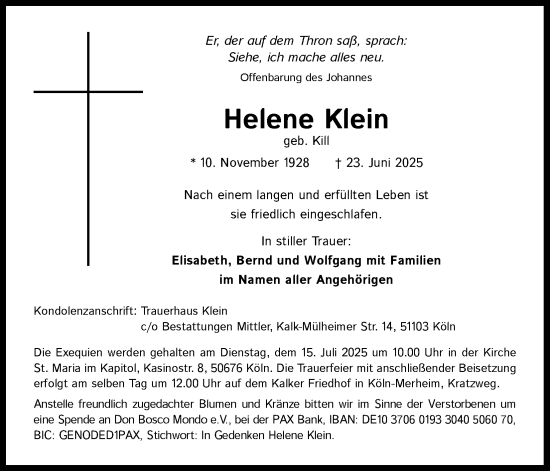 Anzeige von Helene Klein von Kölner Stadt-Anzeiger / Kölnische Rundschau / Express