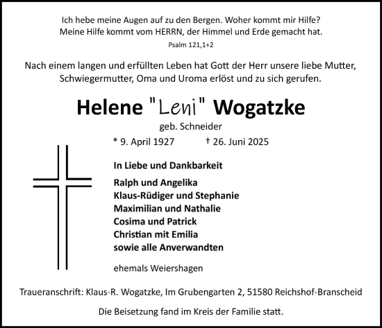 Anzeige von Helene Wogatzke von  Anzeigen Echo 