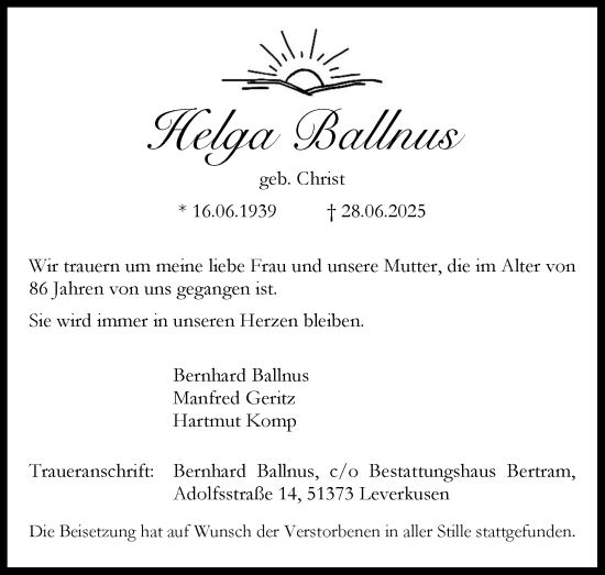 Anzeige von Helga Ballnus von Kölner Stadt-Anzeiger / Kölnische Rundschau / Express