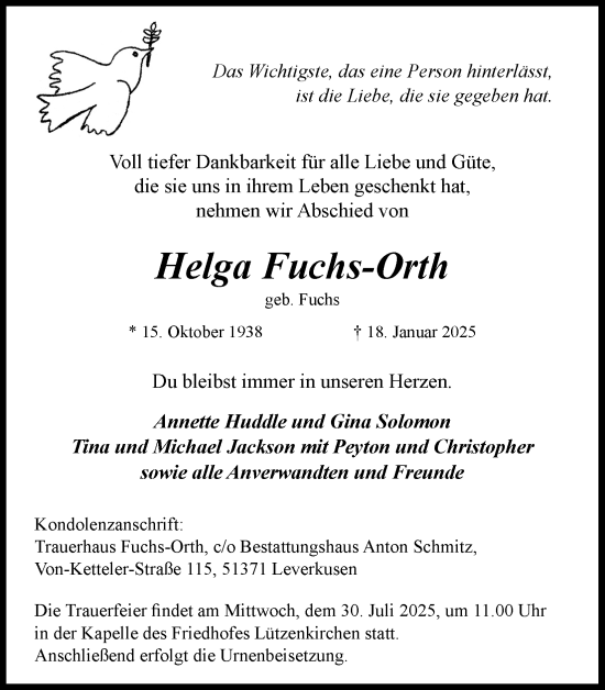 Anzeige von Helga Fuchs-Orth von Kölner Stadt-Anzeiger / Kölnische Rundschau / Express