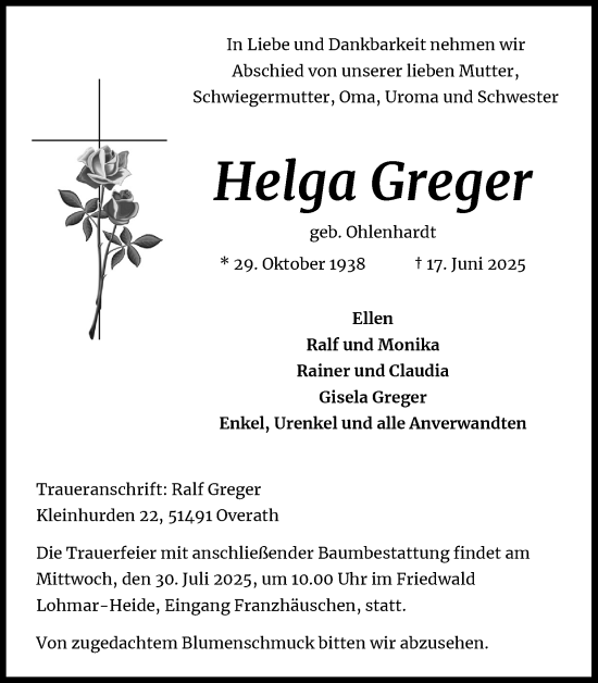 Anzeige von Helga Greger von Kölner Stadt-Anzeiger / Kölnische Rundschau / Express