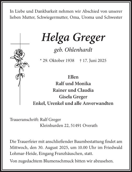 Anzeige von Helga Greger von  Bergisches Handelsblatt 