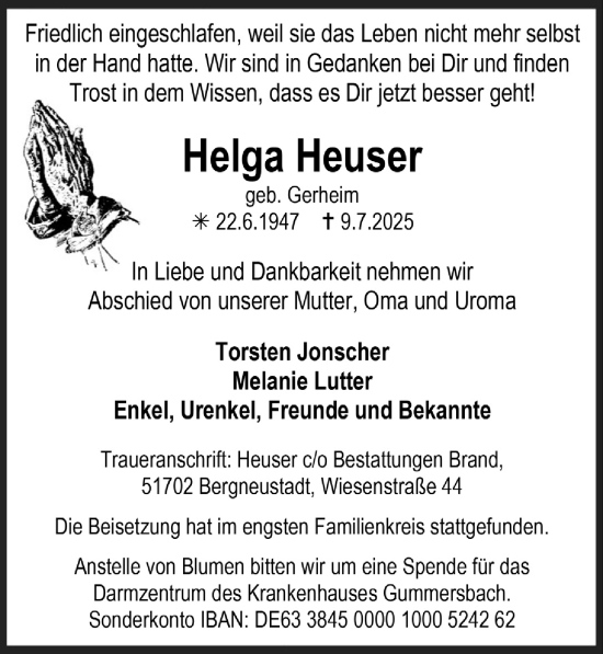 Anzeige von Helga Heuser von  Anzeigen Echo 