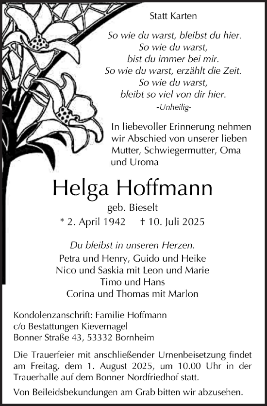 Anzeige von Helga Hoffmann von  Schaufenster/Blickpunkt 