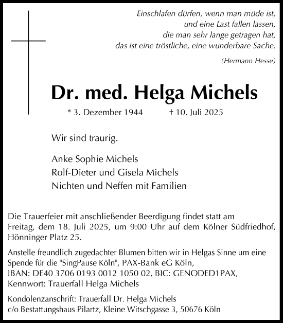 Anzeige von Helga Michels von Kölner Stadt-Anzeiger / Kölnische Rundschau / Express