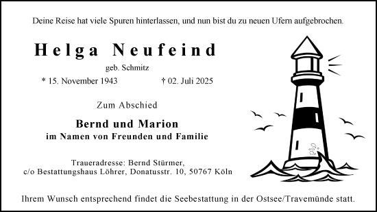 Anzeige von Helga Neufeind von Kölner Stadt-Anzeiger / Kölnische Rundschau / Express
