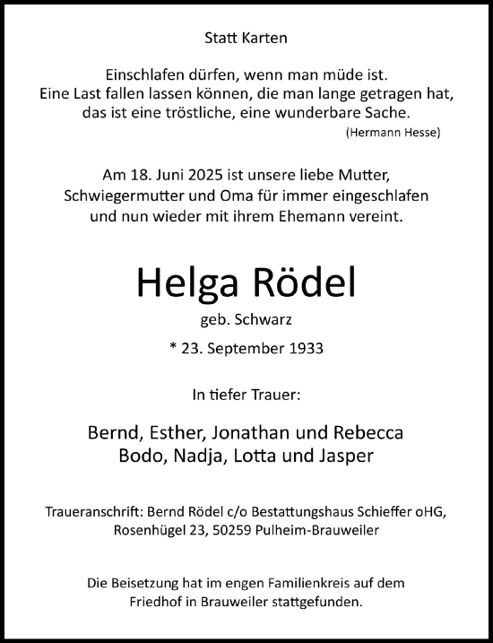 Anzeige von Helga Rödel von  Wochenende 