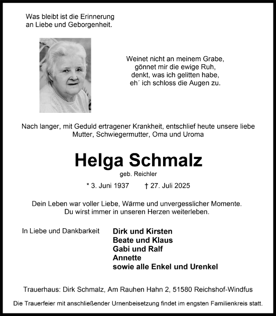 Anzeige von Helga Schmalz von  Anzeigen Echo 