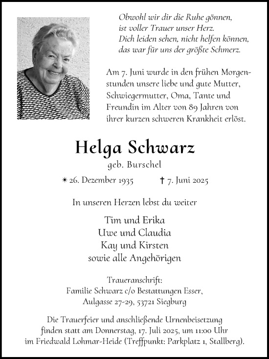Anzeige von Helga Schwarz von Kölner Stadt-Anzeiger / Kölnische Rundschau / Express