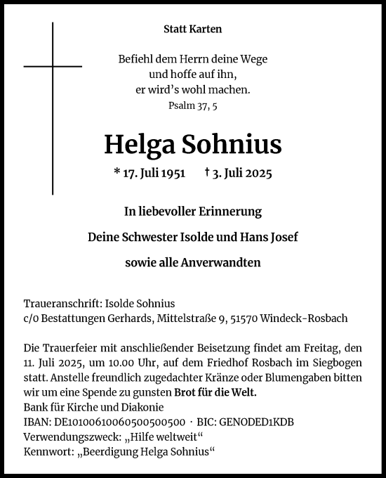 Anzeige von Helga Sohnius von Kölner Stadt-Anzeiger / Kölnische Rundschau / Express
