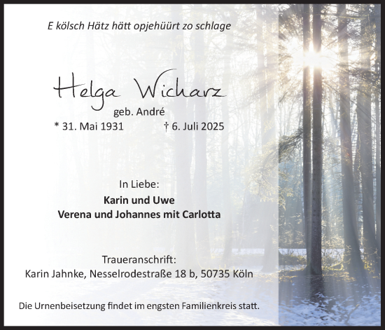 Anzeige von Helga Wicharz von Kölner Stadt-Anzeiger / Kölnische Rundschau / Express