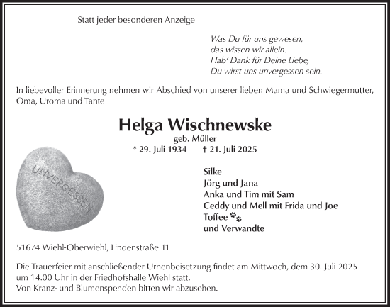 Anzeige von Helga Wischnewske von  Anzeigen Echo 
