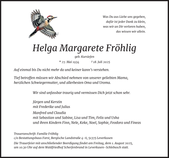 Anzeige von Helga Margarete Fröhlig von Kölner Stadt-Anzeiger / Kölnische Rundschau / Express