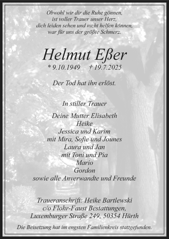 Anzeige von Helmut Efer von  Wochenende 