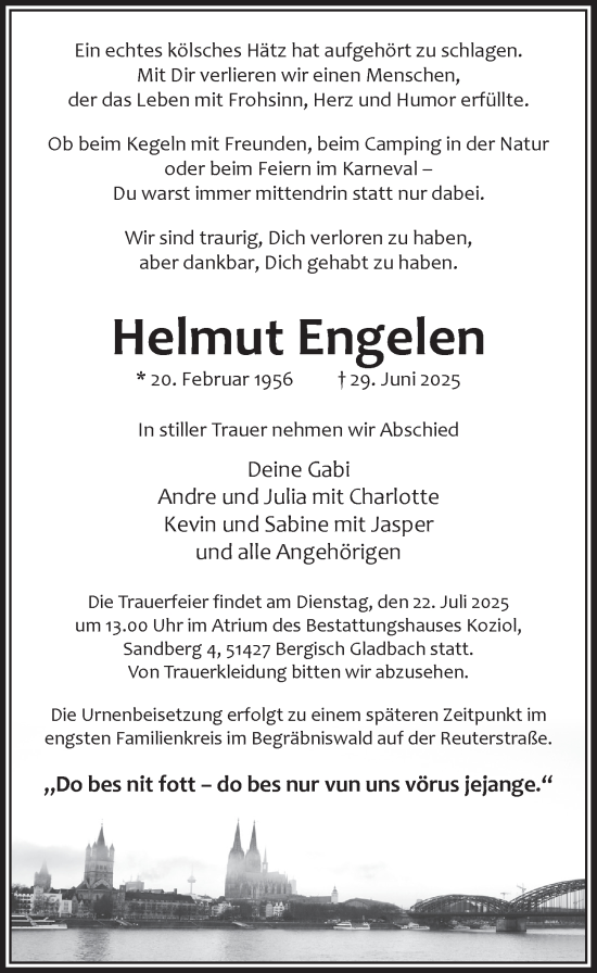 Anzeige von Helmut Engelen von  Bergisches Handelsblatt 