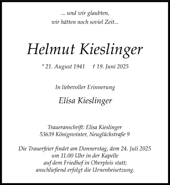 Anzeige von Helmut Kieslinger von  Extra Blatt 