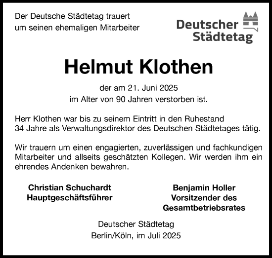 Anzeige von Helmut Klothen von Kölner Stadt-Anzeiger / Kölnische Rundschau / Express