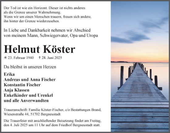 Anzeige von Helmut Köster von Kölner Stadt-Anzeiger / Kölnische Rundschau / Express
