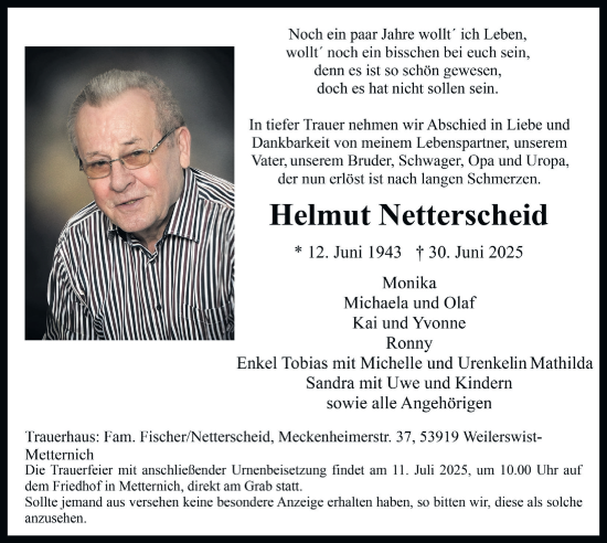 Anzeige von Helmut Netterscheid von  Blickpunkt Euskirchen 