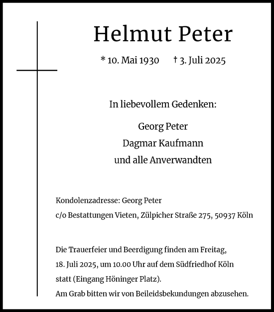 Anzeige von Helmut Peter von Kölner Stadt-Anzeiger / Kölnische Rundschau / Express