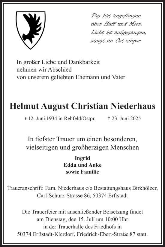 Anzeige von Helmut August Christian Niederhaus von  Werbepost 