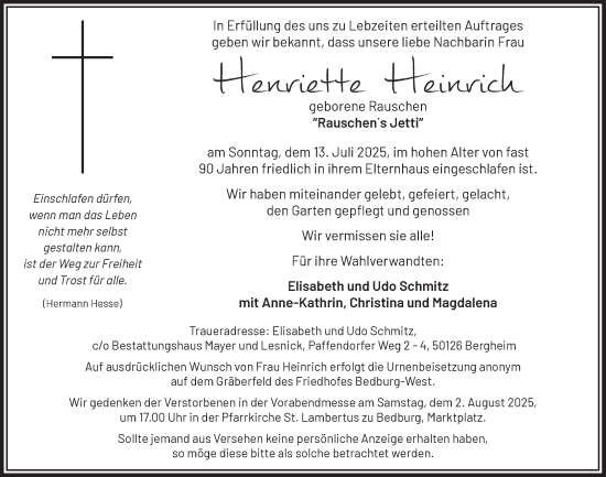 Anzeige von Henriette Heinrich von  Werbepost 