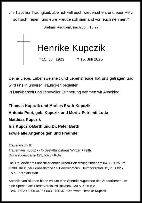 Anzeige von Henrike Kupczik von Kölner Stadt-Anzeiger / Kölnische Rundschau / Express
