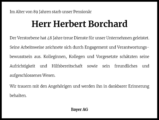 Anzeige von Herbert Borchard von Kölner Stadt-Anzeiger / Kölnische Rundschau / Express