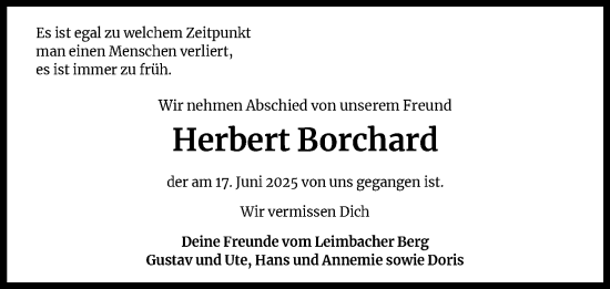 Anzeige von Herbert Borchard von Kölner Stadt-Anzeiger / Kölnische Rundschau / Express