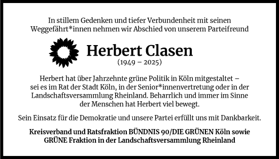 Anzeige von Herbert Clasen von Kölner Stadt-Anzeiger / Kölnische Rundschau / Express