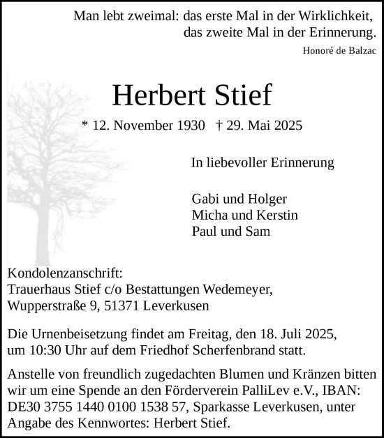 Anzeige von Herbert Stief von Kölner Stadt-Anzeiger / Kölnische Rundschau / Express