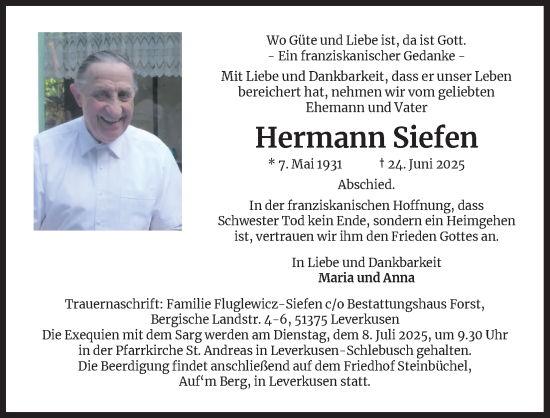Anzeige von Hermann Siefen von Kölner Stadt-Anzeiger / Kölnische Rundschau / Express