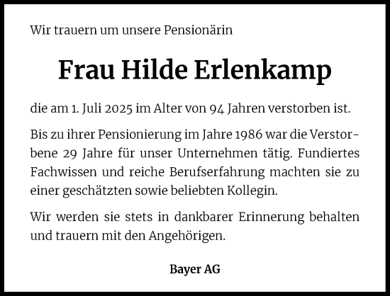 Anzeige von Hilde Erlenkamp von Kölner Stadt-Anzeiger / Kölnische Rundschau / Express