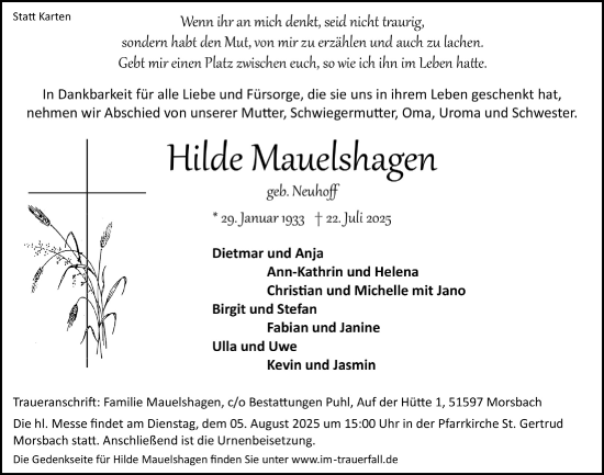Anzeige von Hilde Mauelshagen von  Lokalanzeiger 