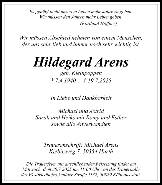 Anzeige von Hildegard Arens von Kölner Stadt-Anzeiger / Kölnische Rundschau / Express